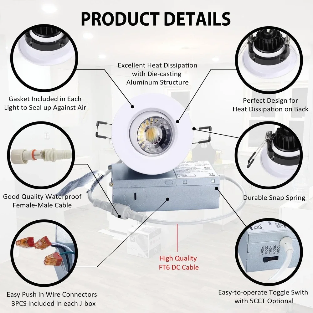 POPANU 3 Inch LED‎ Recessed Gimbal Downlight 8W Dimmable 5 CCT White 6 Pack